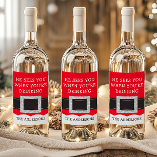 Etiqueta Para Botella De Vino Él te ve cuando estás bebiendo Navidad Santa