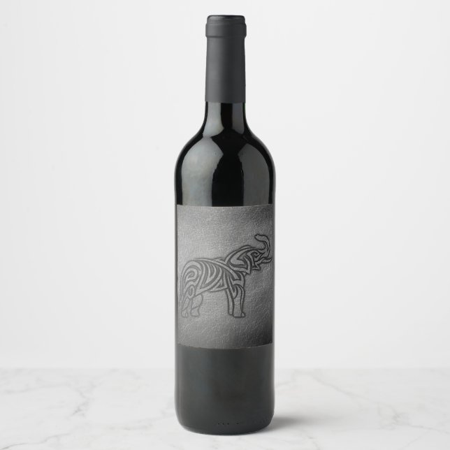 Etiqueta Para Botella De Vino Elefante tribal de cuero (Anverso)