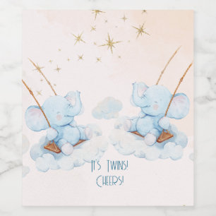 Etiqueta Para Botella De Vino Elefantes gemelos giran en Baby Shower nubes