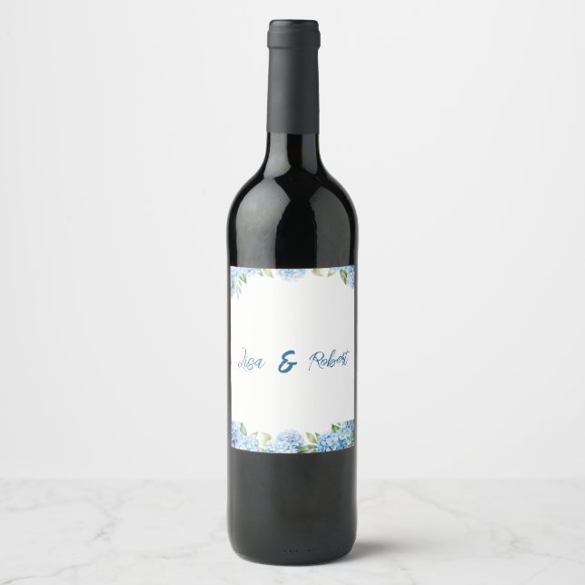 Etiqueta Para Botella De Vino Elegant Blue Floral Wedding  (Anverso)