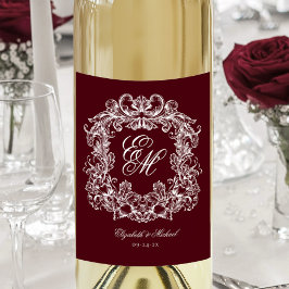 Etiqueta Para Botella De Vino Elegant Burgundy Monogram Crest Vintage Wedding