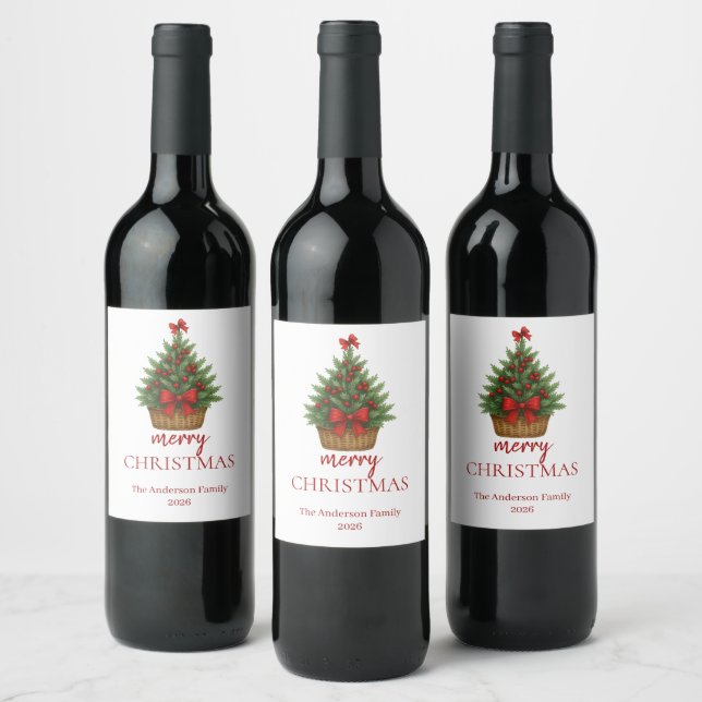 Etiqueta Para Botella De Vino Elegant Christmas Tree – Red Ribbon  (Botellas)