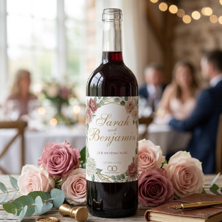 Etiqueta Para Botella De Vino Elegant Dusty Rose Geometric Floral Watercolor 