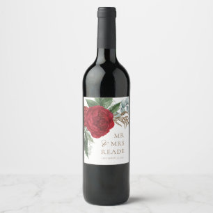 Etiqueta Para Botella De Vino Elegant Gold Script Red Floral Mr & Mrs.
