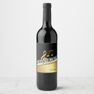 Etiqueta Para Botella De Vino Elegant Modern Black Gold Music Notes,Piano Keys