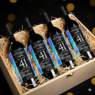 Etiqueta Para Botella De Vino Elegante 41° Aniversario del Boda de Topaz Azul