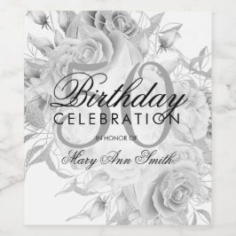 Etiqueta Para Botella De Vino Elegante 50 aniversario fiesta Floral Plata Blanco