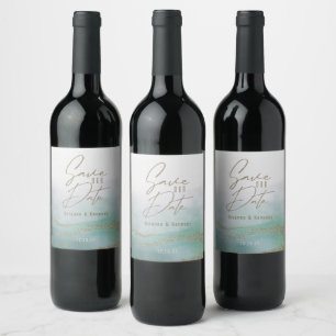Etiqueta Para Botella De Vino Elegante acuarela Aqua Ocean & Gold Salven la fech