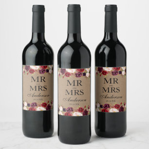 Etiqueta Para Botella De Vino Elegante acuarela Borgoña Boda Floral Kraft