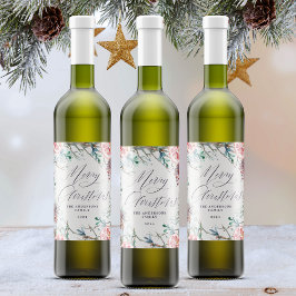 Etiqueta Para Botella De Vino Elegante acuarela Botánica Feliz Navidad