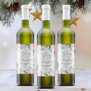Etiqueta Para Botella De Vino Elegante acuarela Botánica Feliz Navidad