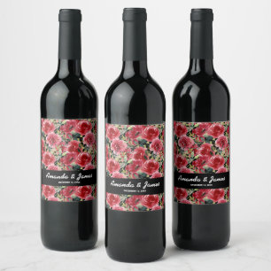 Etiqueta Para Botella De Vino Elegante acuarela Color Rojo Flores Boda Negro