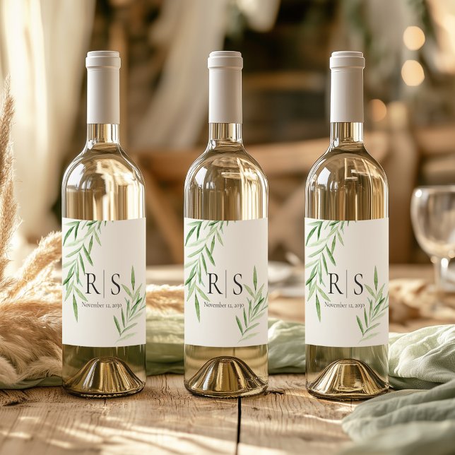 Etiqueta Para Botella De Vino Elegante acuarela Guirnalda Monograma Botánico (Subido por el creador)
