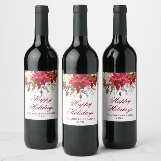 Etiqueta Para Botella De Vino Elegante acuarela Red Poinsettia Holiday (Botellas)