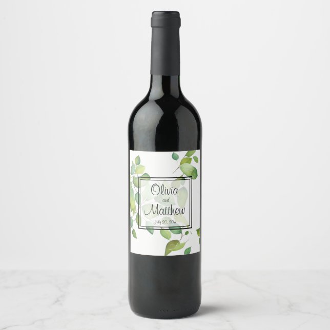 Etiqueta Para Botella De Vino Elegante acuarela verde follaje botánico (Anverso)