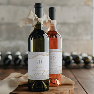 Etiqueta Para Botella De Vino Elegante Agate de Oro Blanco Cumpleaños 90