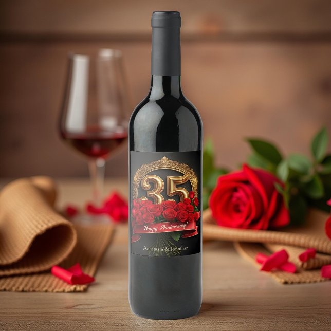 Etiqueta Para Botella De Vino Elegante Aniversario del Oro de las Rosas Rojas 35 (Subido por el creador)