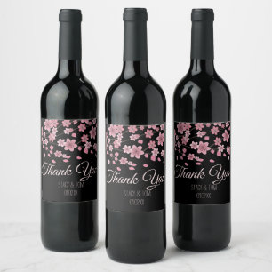 Etiqueta Para Botella De Vino Elegante árbol de flor de cerezo Pétalos Boda negr