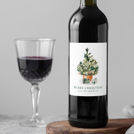 Etiqueta Para Botella De Vino Elegante Árbol de Navidad acuarela