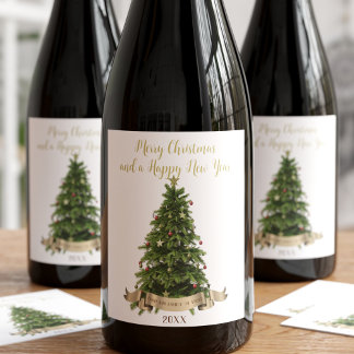 Etiqueta Para Botella De Vino Elegante Árbol de Navidad Feliz de Nuestro Nombre 
