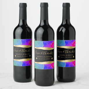 Etiqueta Para Botella De Vino Elegante Arcoíris y Boda de Ágata con Brillo de Or