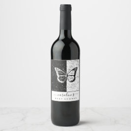 Etiqueta Para Botella De Vino Elegante Baby Shower de mariposa blanca y negra pu