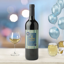 Etiqueta Para Botella De Vino Elegante Blue Floral Gold Stripe Feliz cumpleaños