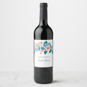Etiqueta Para Botella De Vino Elegante Blue Peach Floral Bridal Shower Wine Labe