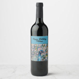 Etiqueta Para Botella De Vino Elegante Blue Peacock Watercolor Art Cumpleaños