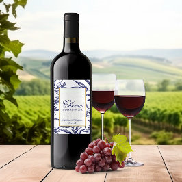 Etiqueta Para Botella De Vino Elegante Boda Botánico de Oro Azul de la Marina