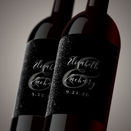 Etiqueta Para Botella De Vino Elegante Boda Brillo Negro Plata
