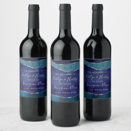 Etiqueta Para Botella De Vino Elegante Boda de Agate Azul y Oro de la Marina