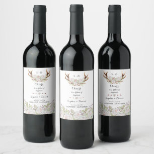 Etiqueta Para Botella De Vino Elegante Boda de Antlers de Flores Blancas