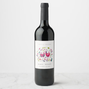Etiqueta Para Botella De Vino Elegante Boda de Aves de Amor Floral de la Granja 
