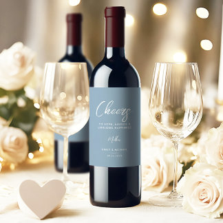 Etiqueta Para Botella De Vino Elegante Boda de caligrafía azul y blanca