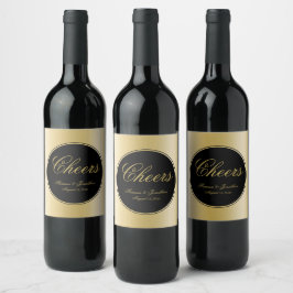 Etiqueta Para Botella De Vino Elegante Boda de Caligrafía Negra y Dorada Cheers