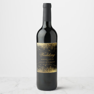 Etiqueta Para Botella De Vino Elegante Boda de copos de nieve en negro y oro