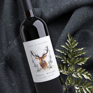 Etiqueta Para Botella De Vino Elegante Boda de Escudo de flores de ciervo agudo