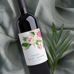 Etiqueta Para Botella De Vino Elegante Boda de Floral Peónica Verde Rosa