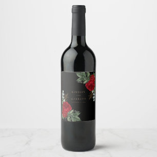 Etiqueta Para Botella De Vino Elegante Boda de Flores Rojas de Guión Negro y Oro
