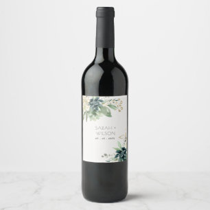 Etiqueta Para Botella De Vino Elegante Boda de Foliage Dusky Blue Green