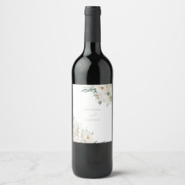 Etiqueta Para Botella De Vino Elegante Boda de hojas de sabio y floral blanca