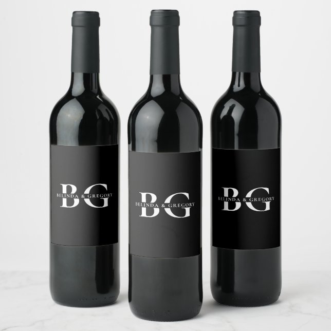 Etiqueta Para Botella De Vino Elegante Boda de Iniciales de Monograma Blanco y N (Botellas)