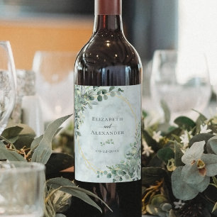 Etiqueta Para Botella De Vino Elegante Boda de Oro de Mármol Eucalyptus Greenery