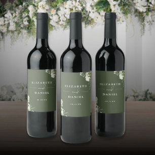 Etiqueta Para Botella De Vino Elegante Boda de vegetación floral verde oliva