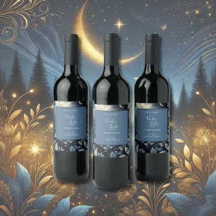 Etiqueta Para Botella De Vino Elegante Boda del Bosque Azul y Oro de Medianoche