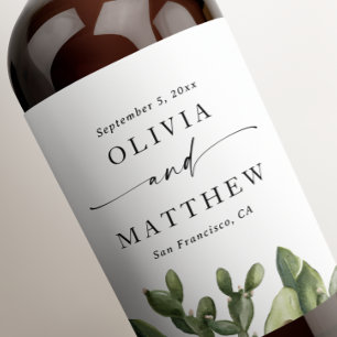 Etiqueta Para Botella De Vino Elegante Boda del Desierto. Cactus y guión de colo
