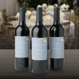 Etiqueta Para Botella De Vino Elegante Boda Dusty Blue Floral Greeneration