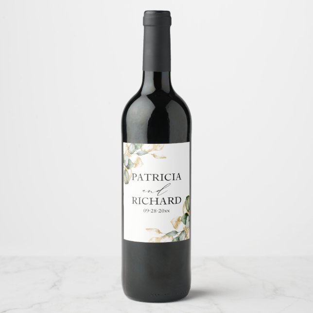 Etiqueta Para Botella De Vino Elegante Boda Eucalyptus (Anverso)