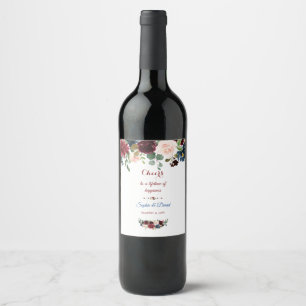 Etiqueta Para Botella De Vino Elegante Boda floral azul de la Marina Merlot